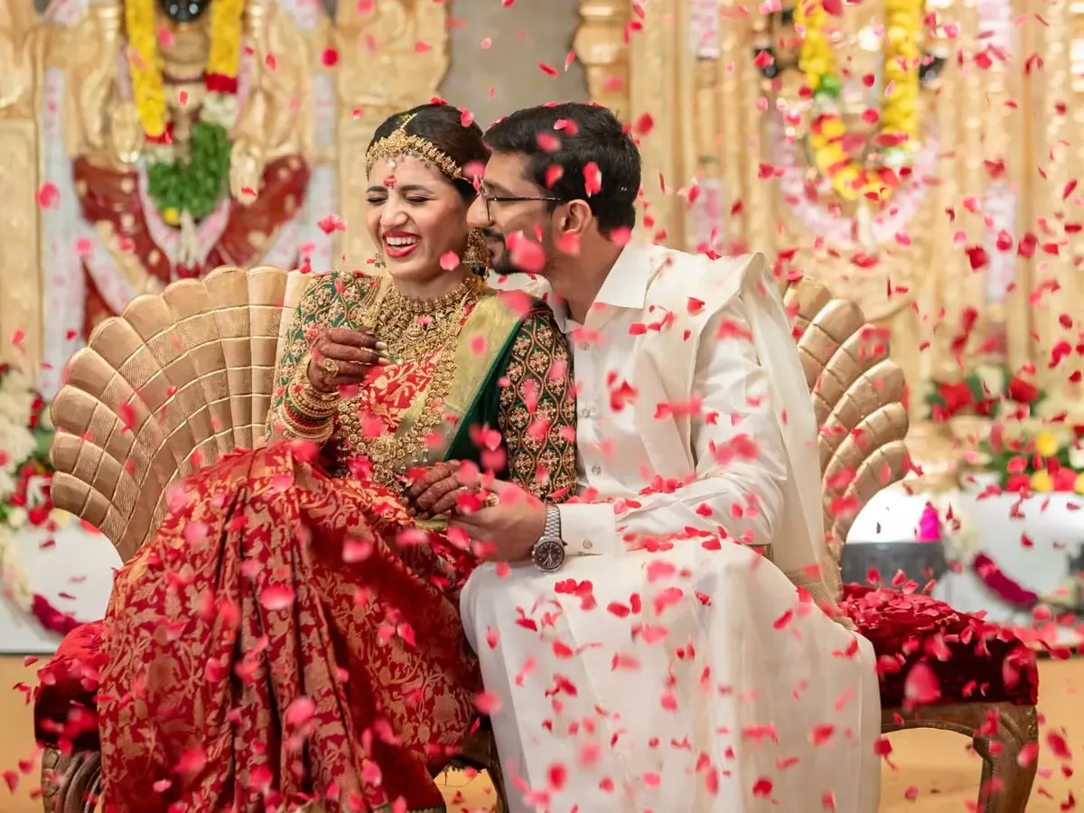 A picture-perfect moment of pure joy for this beautiful couple. I styled them for their South Indian wedding, and seeing them showered with petals, looking so happy and in love, is the best reward. This is the magic we create together.