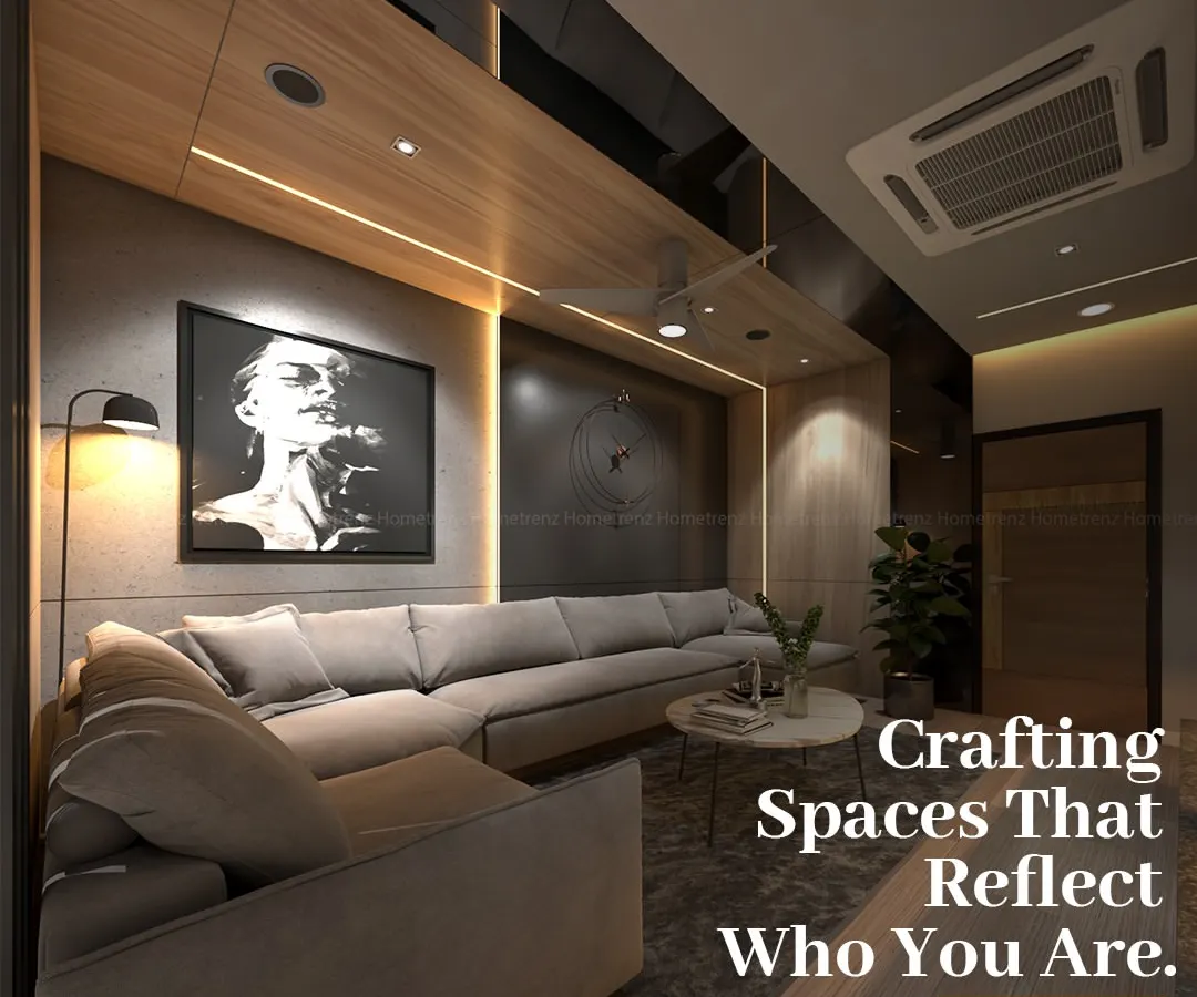 I believe in crafting spaces that reflect your personality. This living room is a perfect example, with its custom L-shaped sofa, dramatic wall art, and layered lighting creating a space that is both sophisticated and deeply personal.
