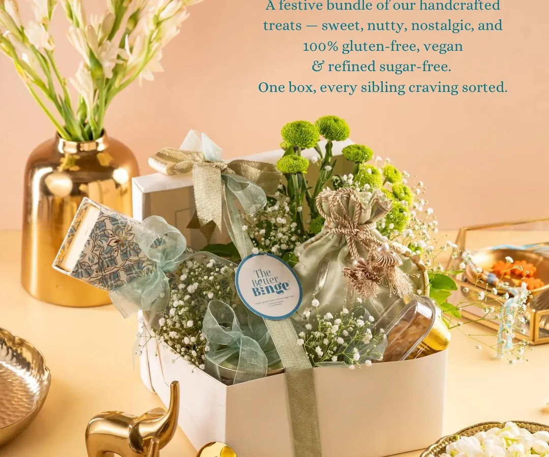 Gifting should feel as good as it tastes. This is my Rakhi Special Hamper, a festive bundle of handcrafted treats like Almond & Orange Tea Cake, Chocolate Hazelnut Makhanas, and our Celebration Box, all 100% vegan and gluten-free.