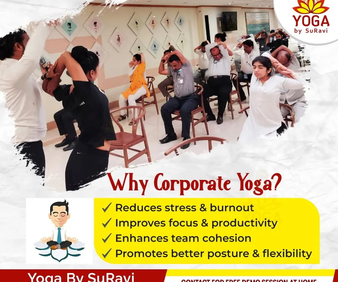 **Bringing wellness directly to the workplace.** This is from one of our corporate yoga sessions, where we guide teams through simple and effective chair yoga to relieve stress and improve posture right at their desks.