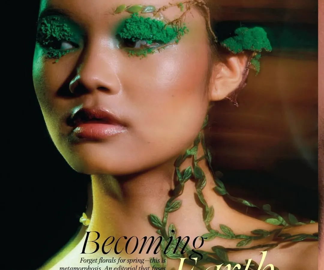 The cover story for Elle India Beauty, from the 'Becoming Earth' editorial. This shot establishes the core concept of metamorphosis, using organic textures and bold green makeup to explore a primal, plant-like form of beauty.