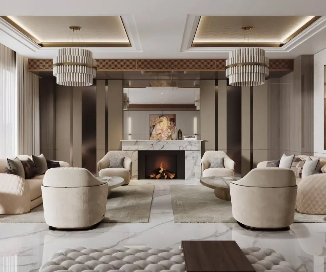 This rendering of a grand living room showcases our ability to handle large, complex spaces. We focus on the symphony of luxury and comfort, balancing statement lighting, a marble fireplace, and plush seating to create a scene that is both magnificent and welcoming.