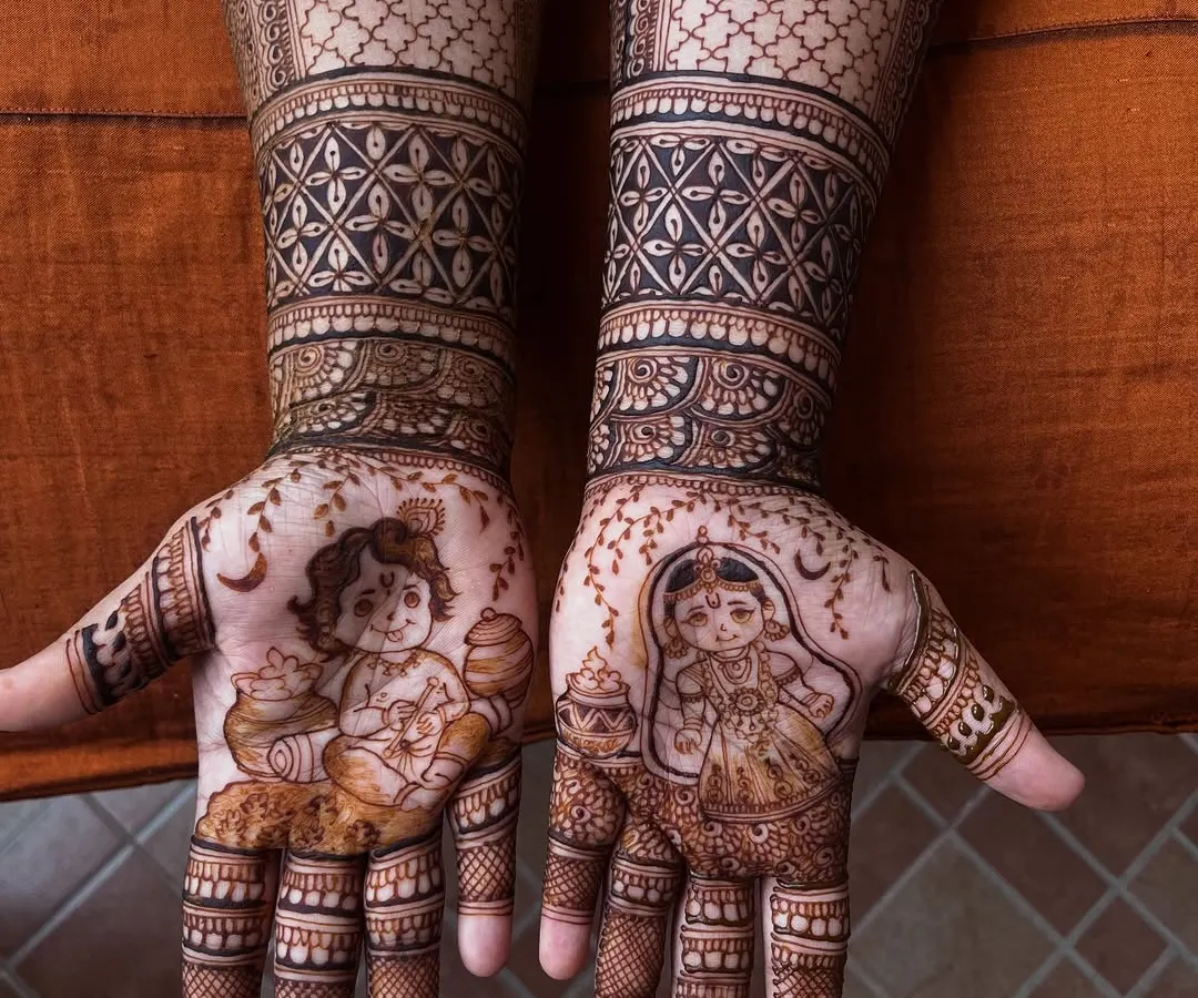 This is a popular design for baby showers, playing with the "Boy or Girl?" theme. On the palms, I've drawn adorable figures of baby Krishna and Radha, combining traditional motifs with the joyful anticipation of your new arrival.