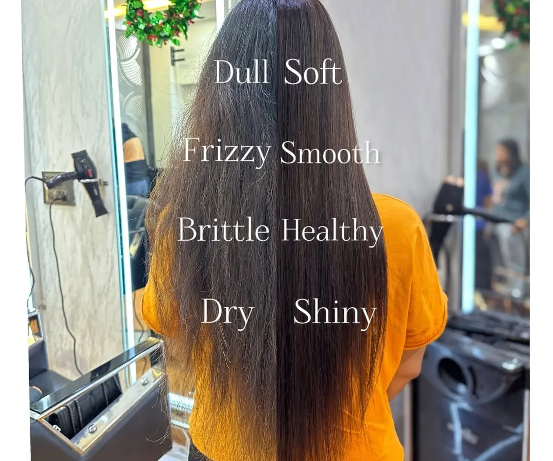 This is what my Hair Botox treatment can do. I focus on turning dry, frizzy, and brittle hair into a smooth, healthy, and shiny state. The side-by-side comparison clearly shows the frizz reduction and the glossy finish you can expect.