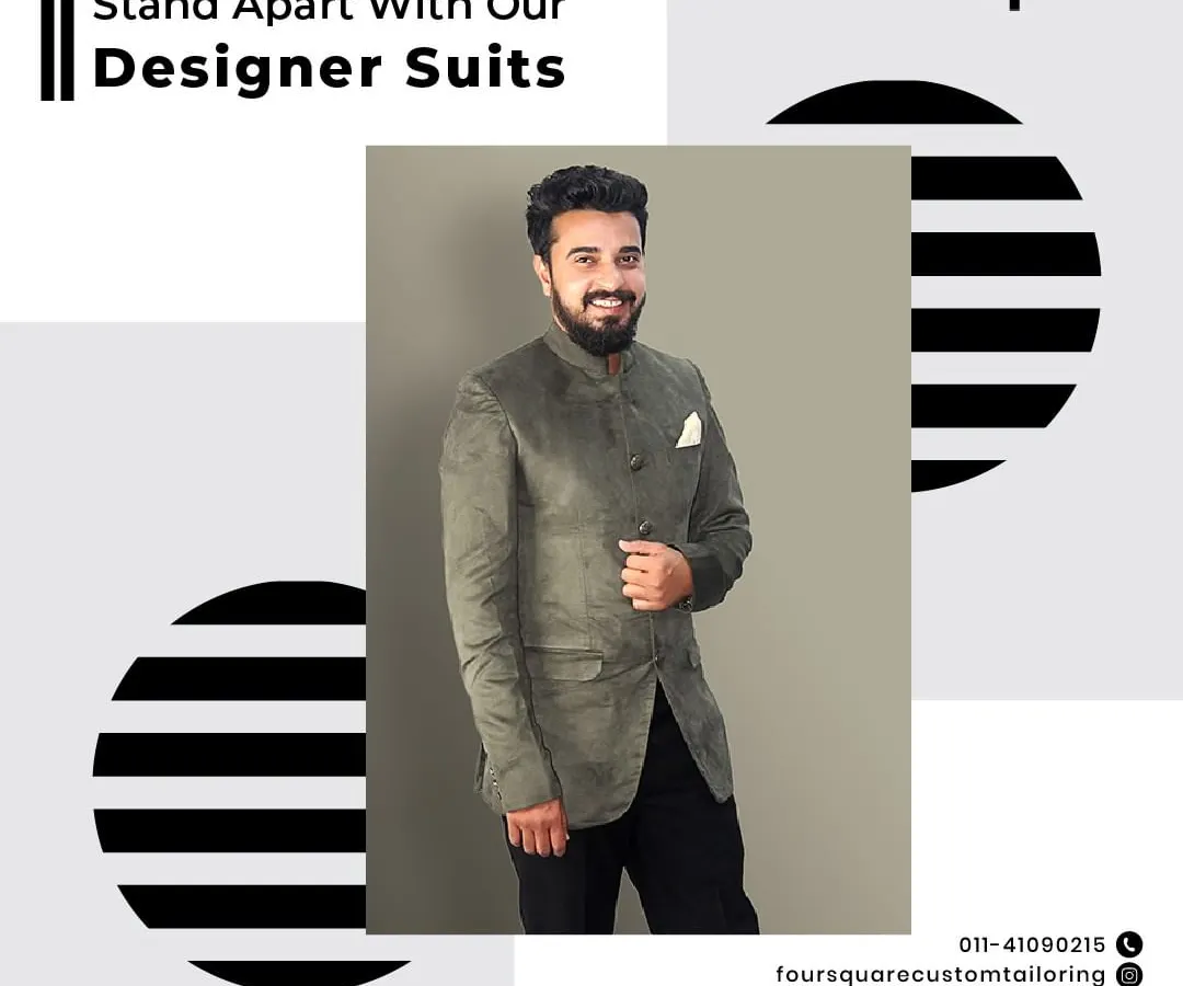 Stand apart with our collection of modern designer suits. This structured grey Bandhgala suit is tailored for a sharp, contemporary silhouette, offering a sophisticated alternative for formal receptions and celebratory events.