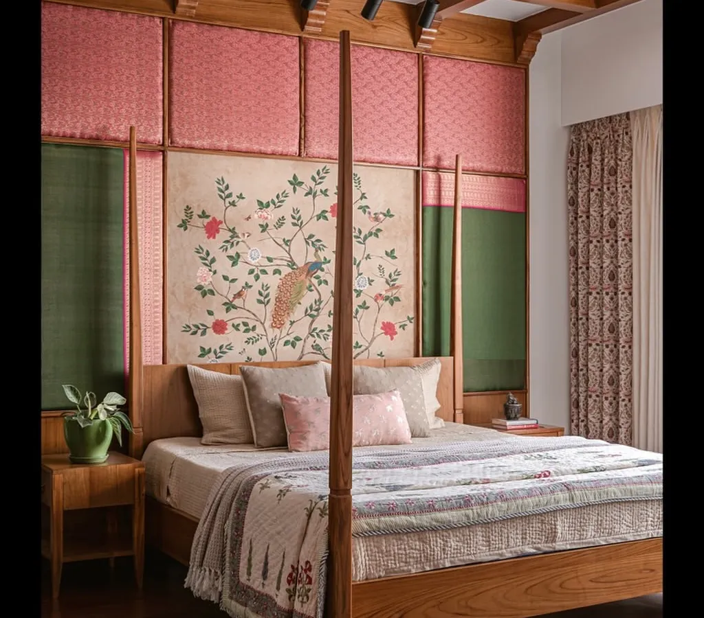In this master bedroom, we designed a custom four-poster bed to be the centerpiece. The headboard is a tapestry of silk and brocade, stretching to the ceiling to create a sense of quiet grandeur and heritage.