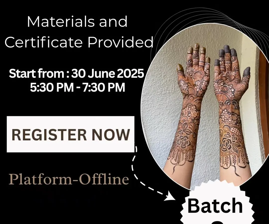 Join my next Basic to Advance Mehndi Class right here in Bangalore. This poster has all the details to get you started on your journey to becoming a professional mehndi artist.