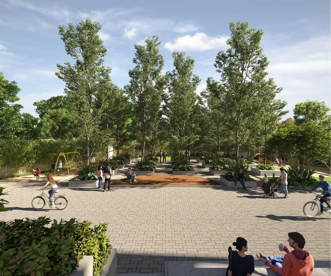 I envision spaces that bring people together. This illustration shows a central plaza in a community living project, designed as an active hub for residents to connect, with integrated seating and open areas framed by lush greenery.