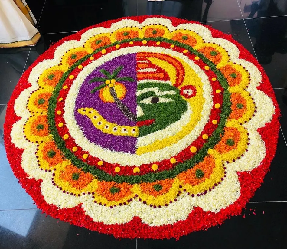 Let us create a stunning Pookkalam for your celebration. This intricate floral carpet, featuring a traditional Kathakali and Maveli design, is made with fresh, vibrant flowers to become the centerpiece of your event.