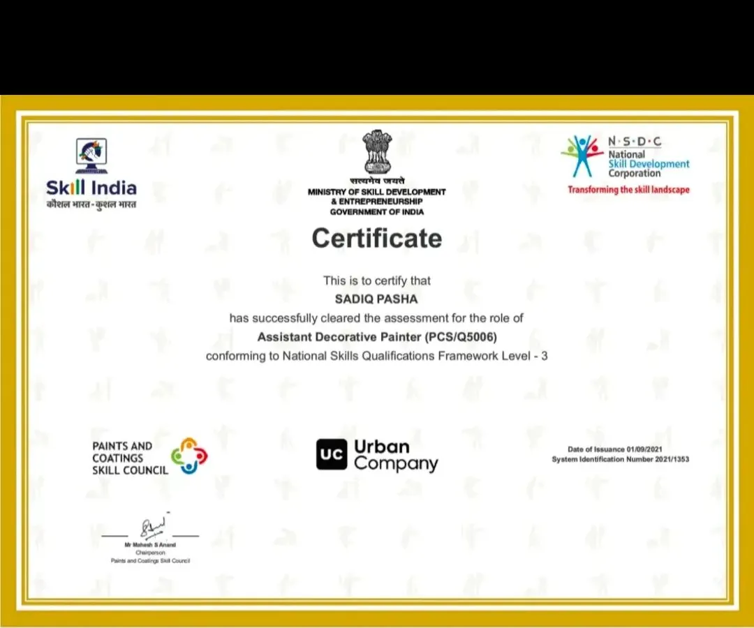 I am a professionally trained and certified Assistant Decorative Painter, recognized by the Government of India's Skill India program. This certification is your assurance of my skill and commitment to quality standards.
