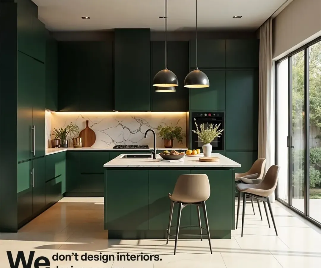 This is how we redefine the modern kitchen. We used a bold, deep green for the handle-less cabinetry, contrasted with a white marble backsplash and a functional island, creating a space that is as stunning as it is practical for daily use.