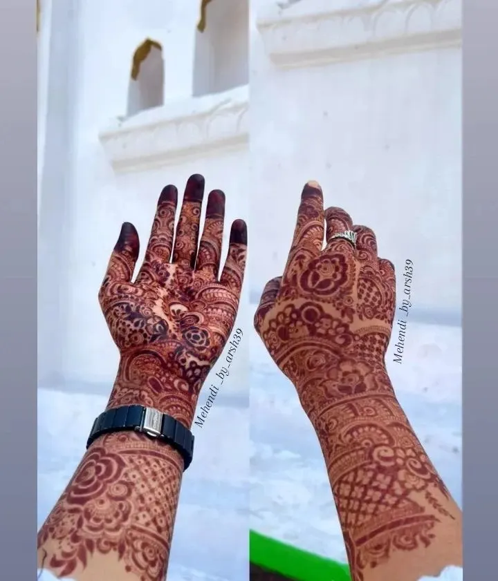 This is the beautiful, rich mahogany stain that develops after 48 hours. I make my own 100% organic henna paste, which guarantees a deep, long-lasting color that is completely safe for your skin.