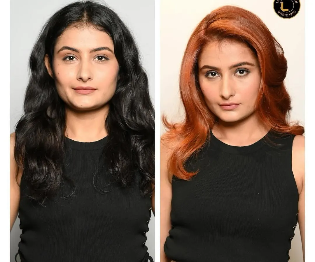 A dramatic before and after that showcases the power of a bold color change. We transformed her dark hair into a fiery, radiant copper red, complete with a stylish blowout that adds volume and movement. This is our global hair color service at its best.
