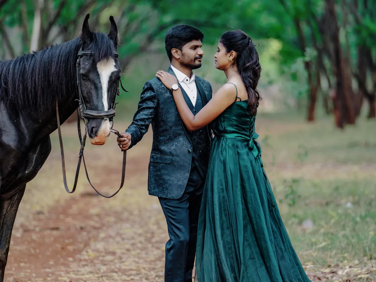 For a truly magical pre-wedding shoot, we can bring in elements like this beautiful horse. This session in a quiet forest path created such a fairytale-like moment.
