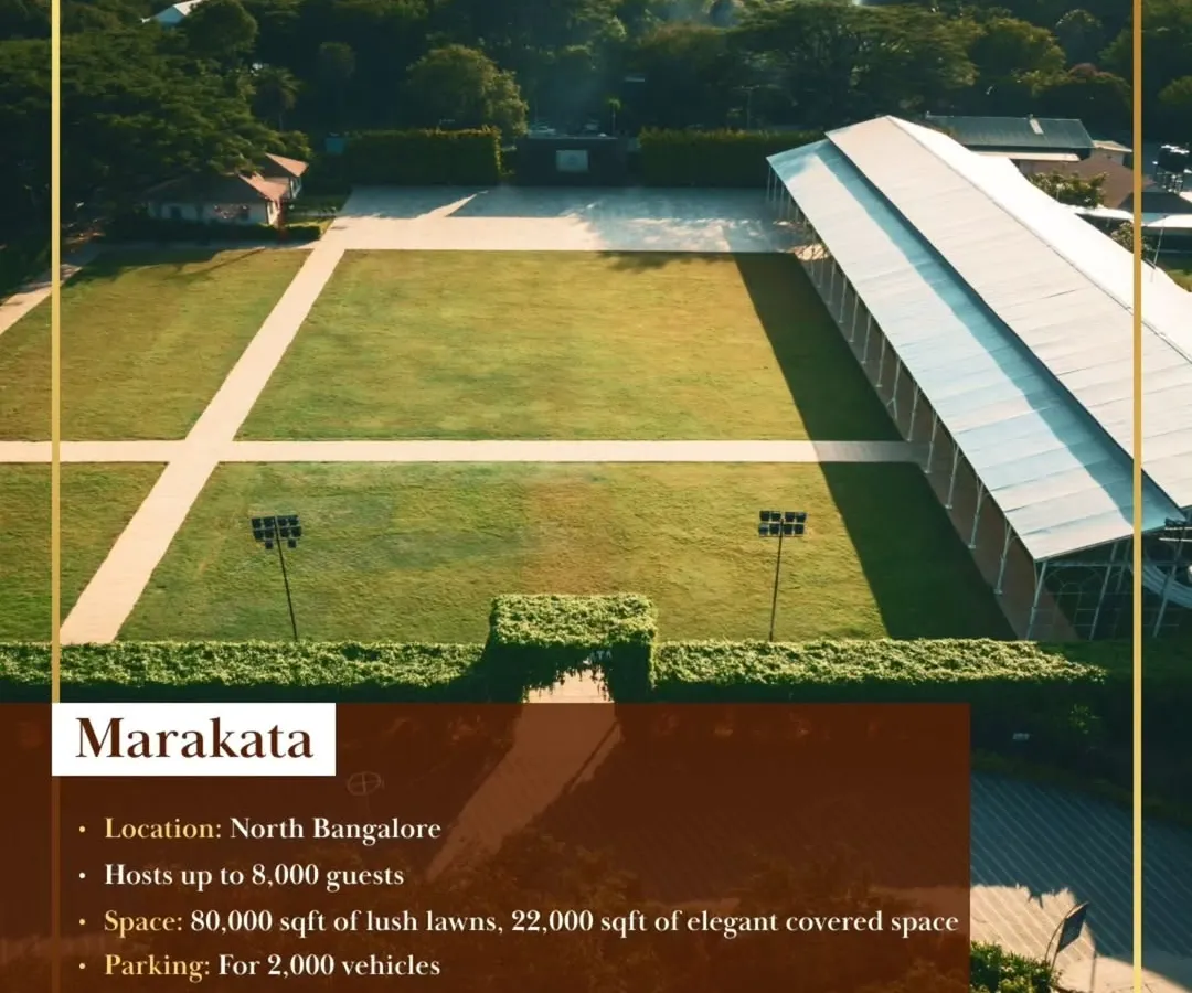 Welcome to Marakata, our expansive outdoor venue in North Bangalore. With 80,000 sqft of lush lawns and an elegant 22,000 sqft covered space, it can host up to 8,000 guests, making it perfect for large-scale concerts, festivals, and corporate family days.