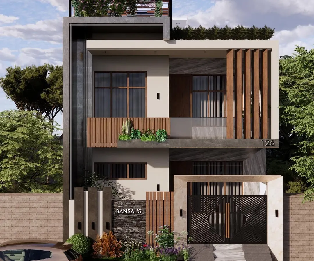 Here is a 3D visualization of a modern villa we are bringing to life in Mathura. Our architectural visualizations allow you to see and feel your home before the first brick is laid. We focused on clean lines, the interplay of wooden louvres with stone textures, and ample greenery to create a facade that is both contemporary and welcoming.