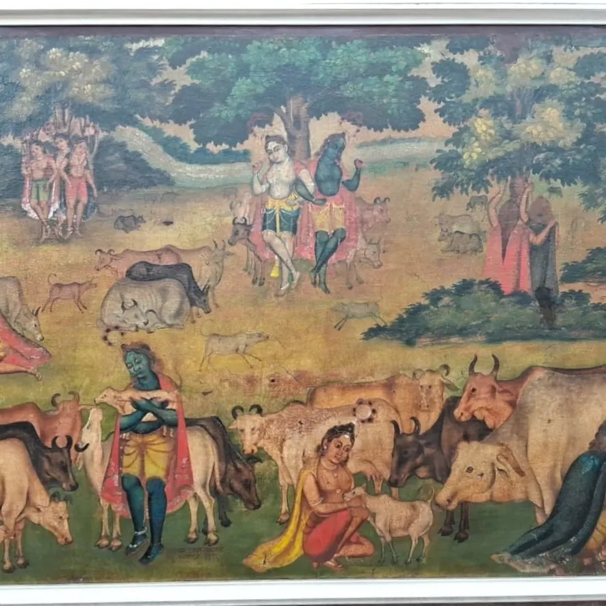 Witness the breathtaking revival of an early Bengal School painting. This piece arrived at our gallery darkened and neglected, and through a meticulous conservation process involving careful cleaning and stabilization, its vibrant narrative and brilliant colors were brought back to life.
