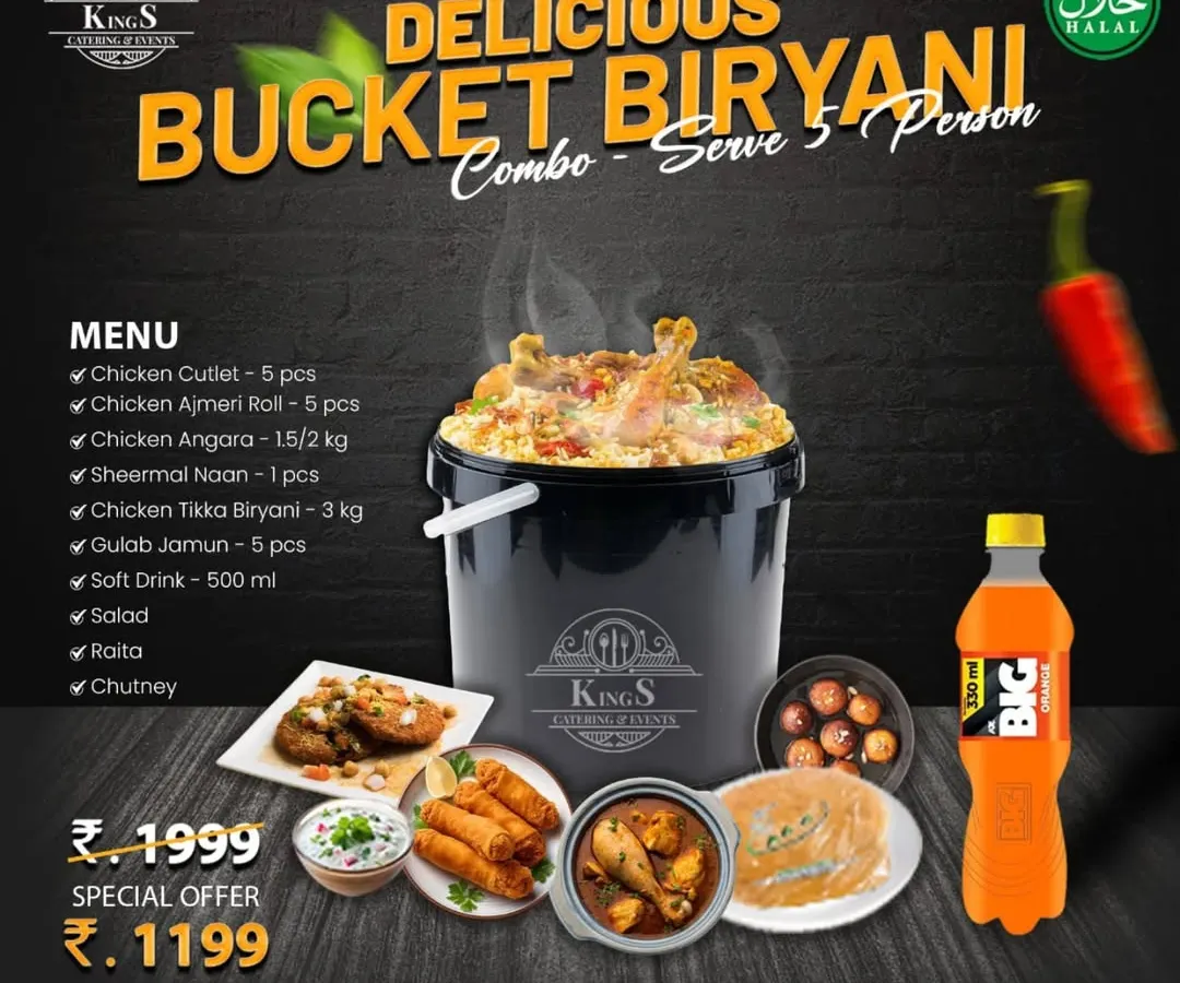 Here’s a clear look at one of my most popular Bucket Biryani Combos. You get everything from Chicken Tikka Biryani and Chicken Angara gravy to cutlets, rolls, sheermal naan, and gulab jamun. It’s a full party meal in one order.