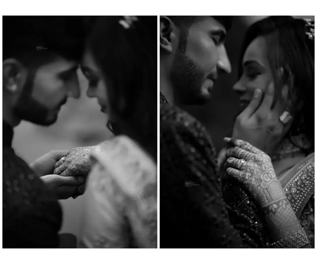 The quiet moments are just as important. This black-and-white diptych captures the deep, unspoken connection between a couple, focusing on pure emotion and intimacy.