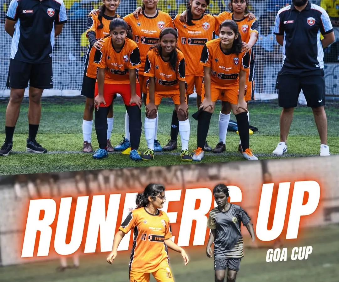 We came, we saw, we conquered. Here is our girls' squad celebrating as runners up at the Goa Cup 2025. This picture shows our team with their coaches and a player in full control during the match, proving we compete at the highest level.