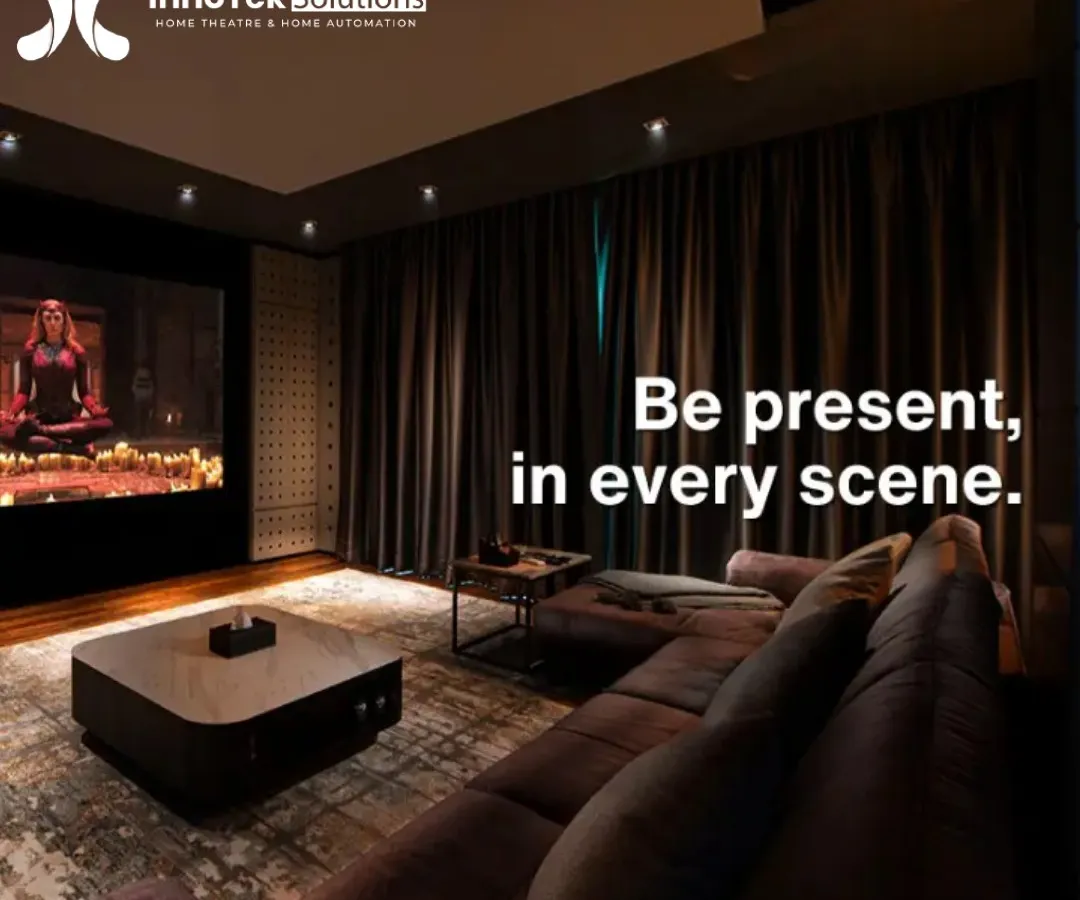 We transform your living space into an immersive private lounge. This setup features a 4K projector and discreet acoustic panels, ensuring you are present in every scene, whether it's a movie or a quiet evening in.