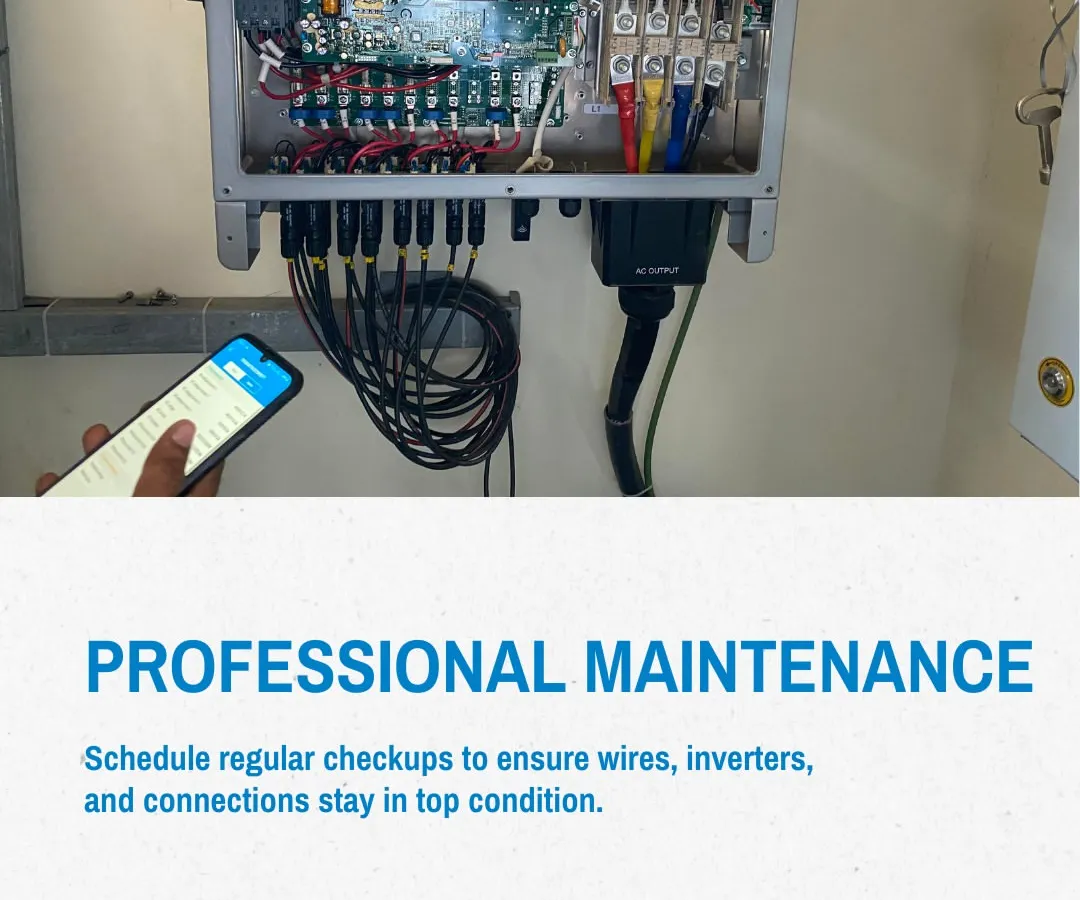 Our comprehensive health checks go beyond the panels. We conduct professional maintenance on critical components like inverters and wiring connections, identifying and resolving potential issues before they impact your solar plant's performance.