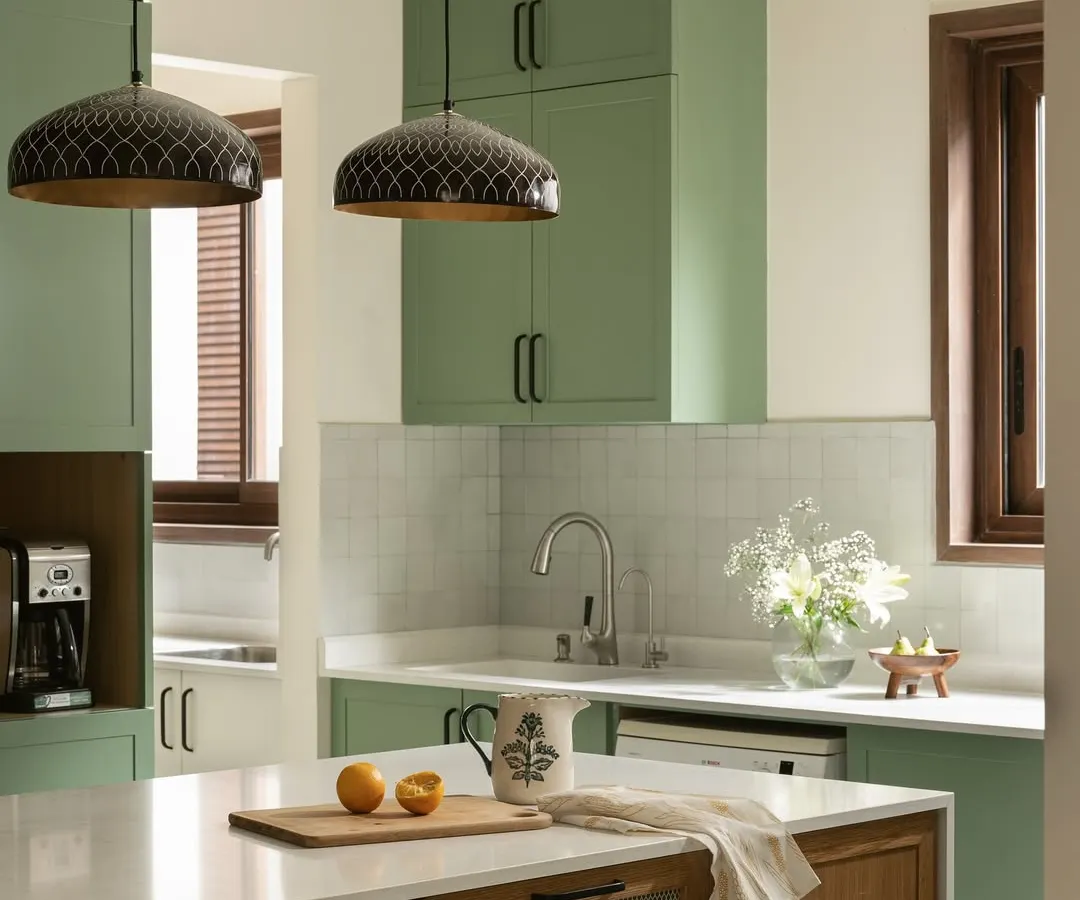 This kitchen from the Earthy Hacienda home is designed for both beauty and function. The sage green cabinetry, warm oak island, and patterned pendant lights come together to create a space that is a joy to cook and gather in.