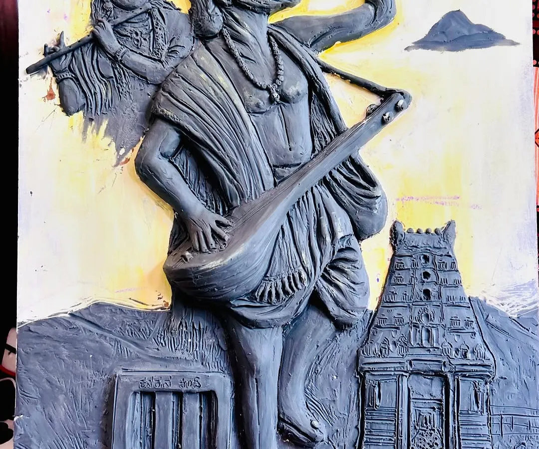 This is a finished 3D relief mural I created to honor the great poet and saint, Kanaka Dasa. Every detail, from his expression of devotion to the Udupi temple in the background, is sculpted by hand to tell his story.