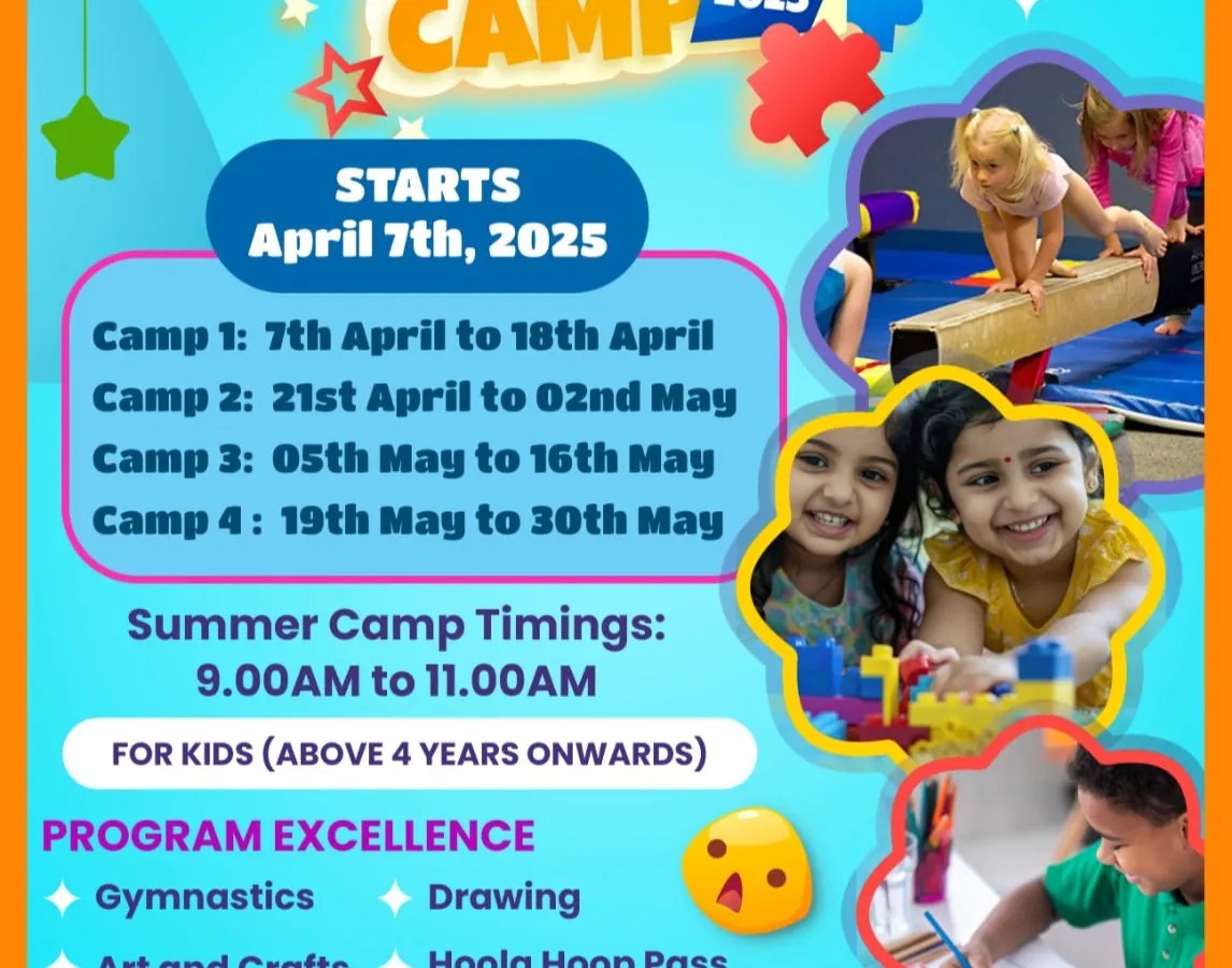 Your child's summer adventure starts here. This poster details our upcoming Gymnastics Summer Camp, including dates, timings, and the exciting mix of activities like gymnastics, art and crafts, and relay races.