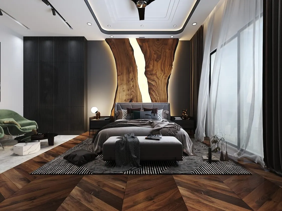 I designed this bedroom as a sanctuary, using a backlit, raw-edge wood feature to create a dramatic yet natural focal point. The combination of the dark wooden herringbone floor, plush textiles, and soft, ambient lighting results in a space that feels both cozy and exceptionally luxurious.