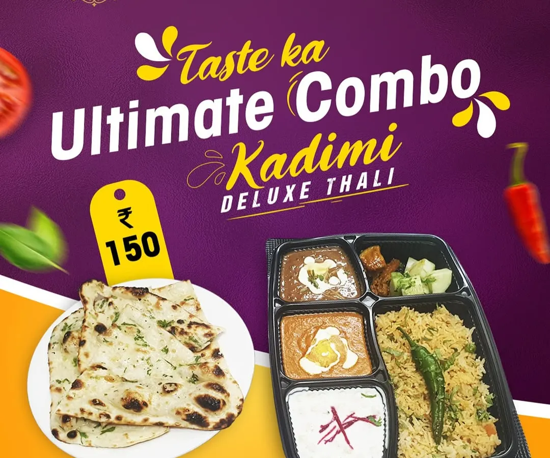 The Kadimi Deluxe Thali. A complete, wholesome meal that gives you a taste of our kitchen's best. This thali features Shahi Paneer, Dal Makhni, Pulao, Raita, and Butter Naan, all prepared without any onion or garlic, just pure flavor.