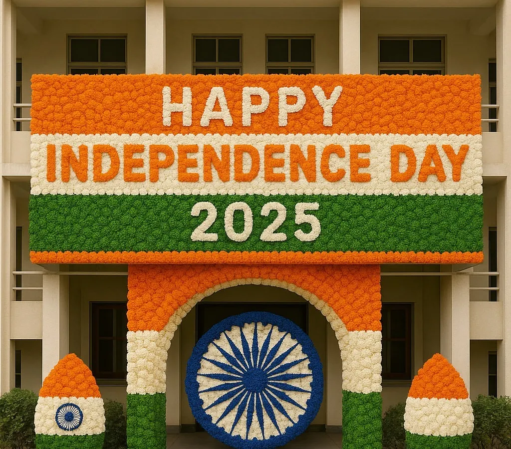 For national holidays like Independence Day, we construct large-scale floral installations. This entrance arch uses a tricolor theme of saffron, white, and green flowers to create a patriotic and celebratory atmosphere for societies, schools, and corporate offices.