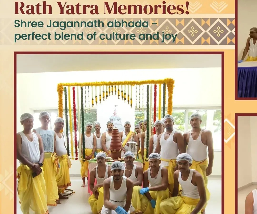 My team and I, dressed in traditional attire for a Rath Yatra event. We take great pride in recreating the complete 'Abhada' atmosphere, right down to the stacked clay 'kuduas' you see here, which are used to cook and serve the sacred food.