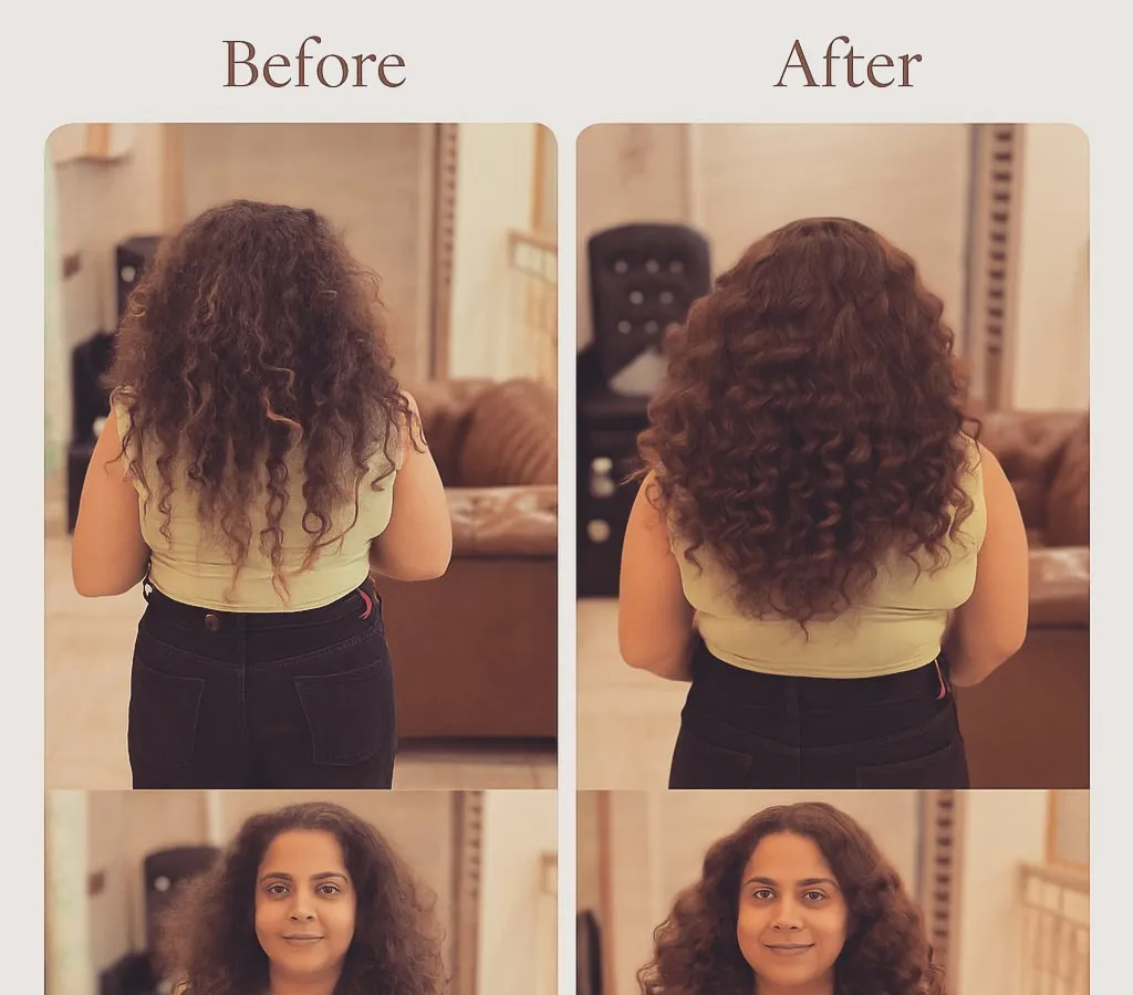 For my clients with naturally curly hair, I focus on reviving volume and definition. Here, I used custom curly extensions to match her natural pattern, creating a fuller, healthier, and more balanced look from every angle.