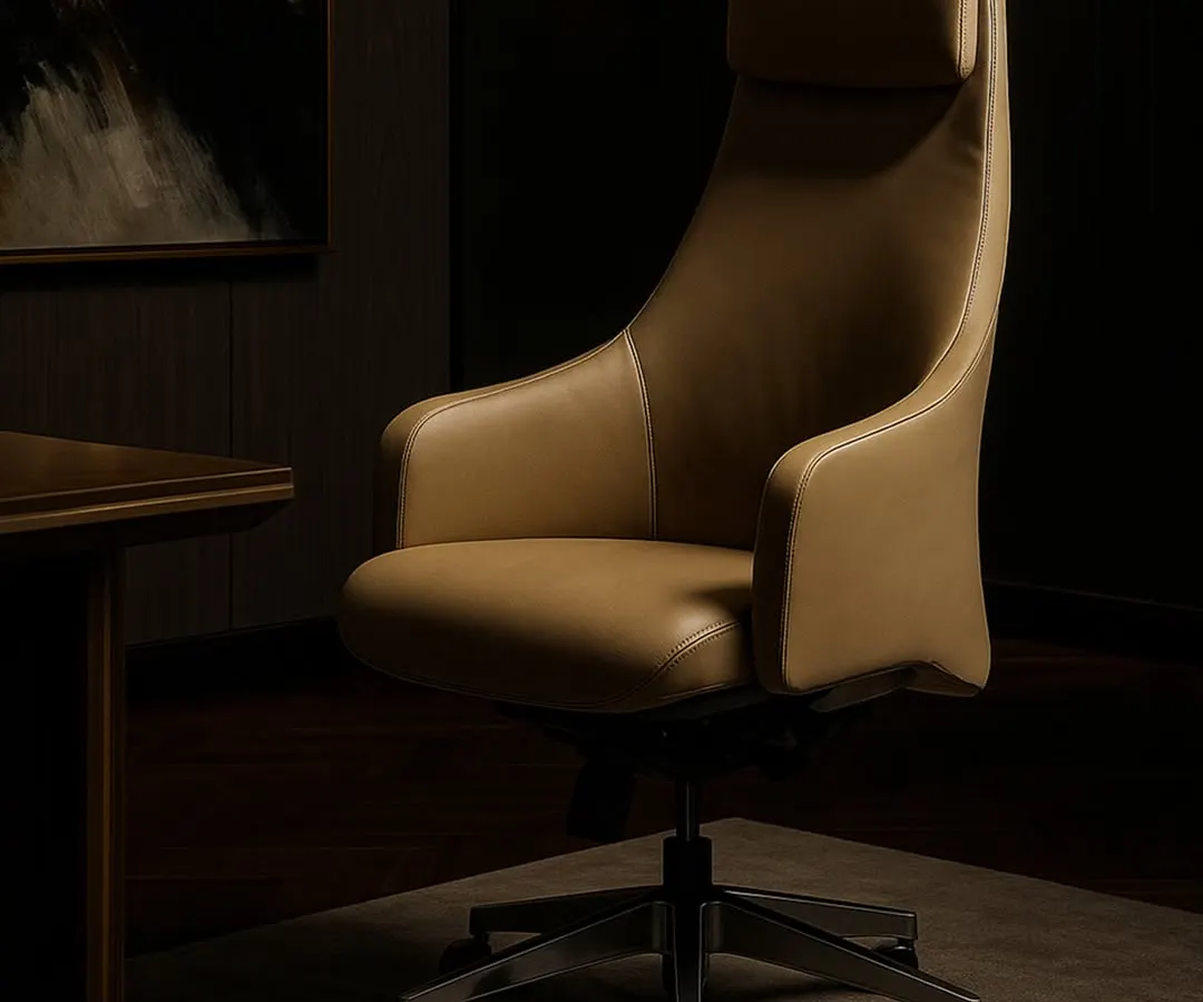 We believe an executive chair should be a statement of both comfort and authority. This high-back leather chair is set in a premium office space, featuring sculpted lines and ergonomic support for leaders who make important decisions.