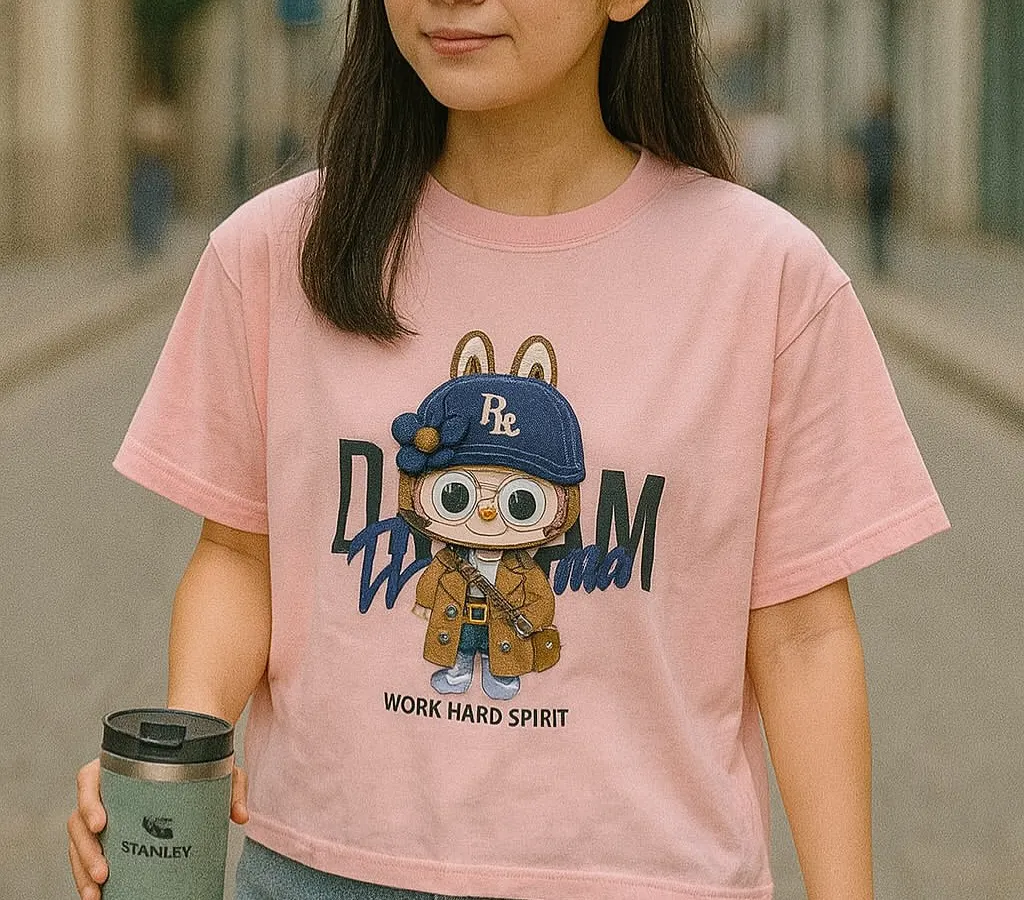 Show off your 'WORK HARD SPIRIT' with this vibrant pink graphic tee. The detailed Labubu character design and 'DREAM' text make this a fun and motivational piece of character apparel.