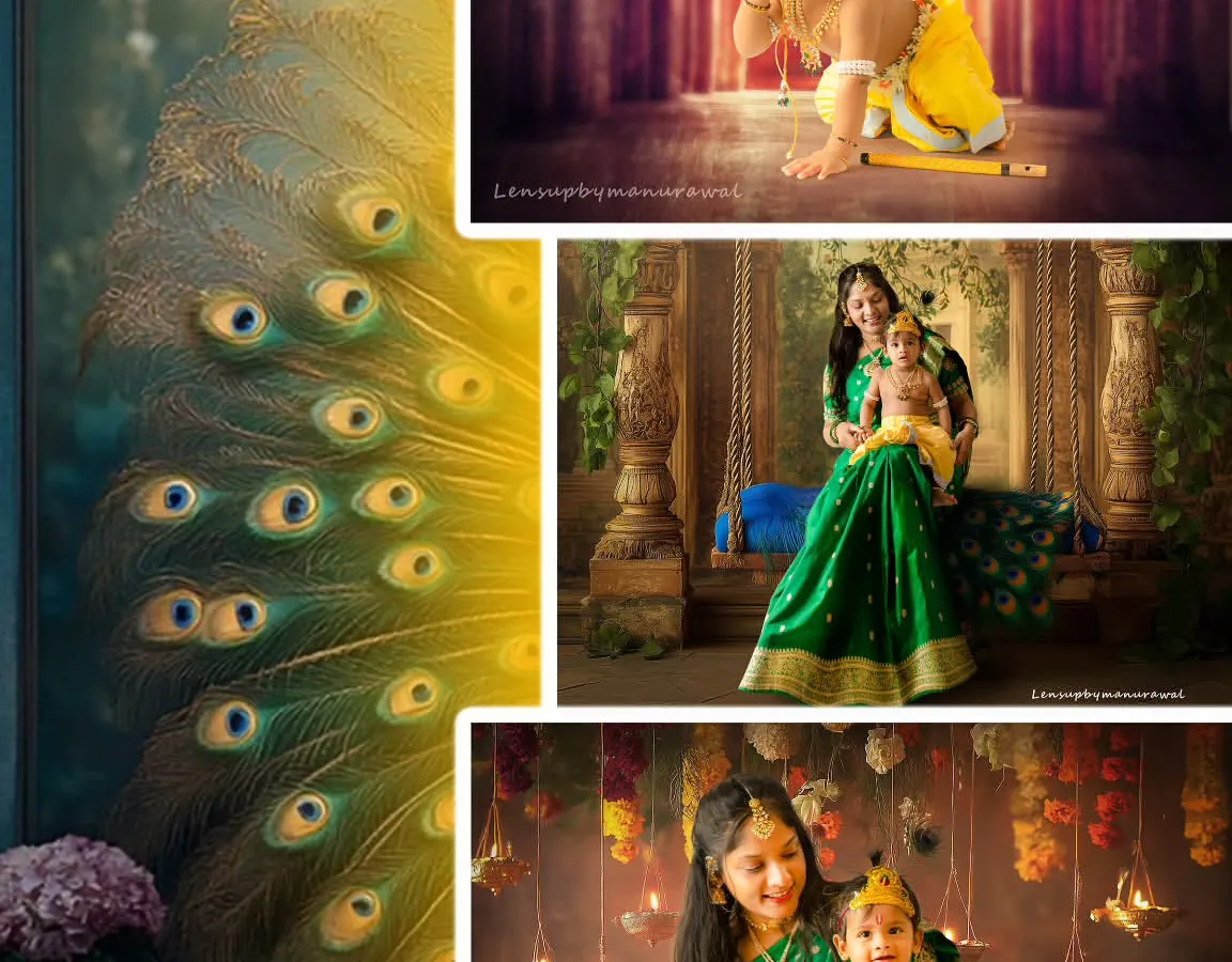 This collage showcases the magic of a Krishna-themed photoshoot, from a mother and child as Yashoda and Krishna to a divine portrait of the little one, highlighting our creative and cultural sessions.