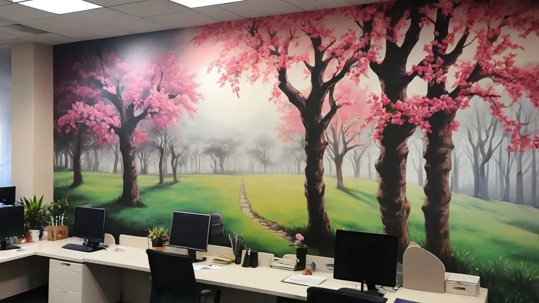 I transformed this standard office into a peaceful escape with a serene cherry blossom forest mural. This hand-painted landscape creates a calm and inspiring atmosphere, helping to reduce stress and boost productivity. It's a perfect example of how nature-themed art can completely change a workspace.
