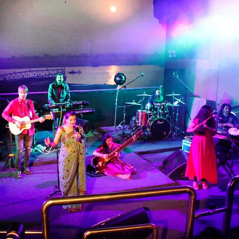 Performing live on stage with a full fusion ensemble. I thrive in collaborative settings, blending the timeless sound of the sitar with contemporary instruments to create something new and exciting for any soundtrack or live show.
