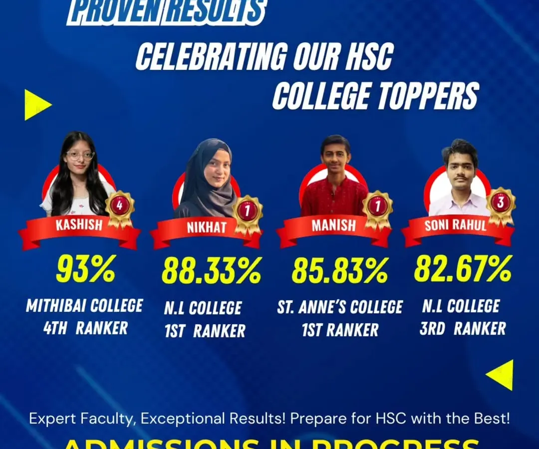 Our students' results speak for themselves. We are proud to celebrate our HSC college toppers from institutions like Mithibai College, N.L. College, and St. Anne's College, who consistently achieve exceptional scores.