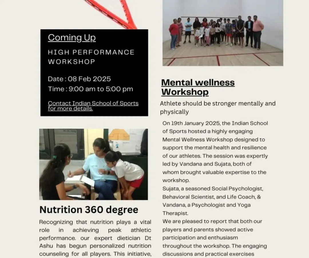 My program is about total performance. This newsletter page gives you a snapshot of my 360-degree approach, covering our High Performance Workshops, the crucial Mental Wellness sessions I organize, and our 'Nutrition 360 degree' personalized counseling.