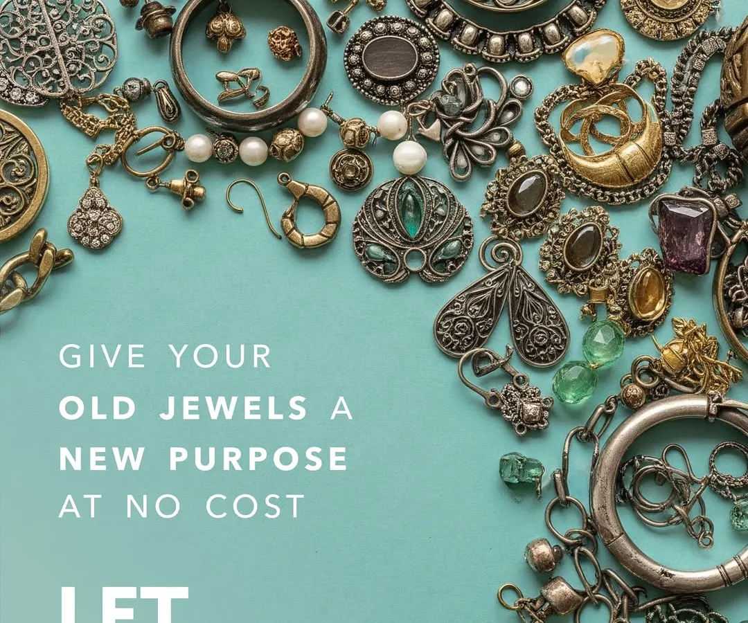 This is our invitation to you to give your old jewels a new purpose at no cost. This graphic, featuring a beautiful assortment of vintage-style costume jewelry on a teal background, encapsulates the core message of our 'Let Go' recycling initiative.