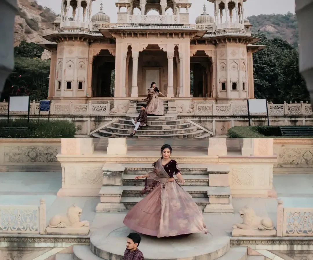 A moment of royal elegance captured in Jaipur. We used the stunning architecture of Gaitor Ki Chhatriyan to frame Ayush and Akshitha, creating a portrait that feels as timeless as their love. This is a perfect example of our heritage pre-wedding photography.