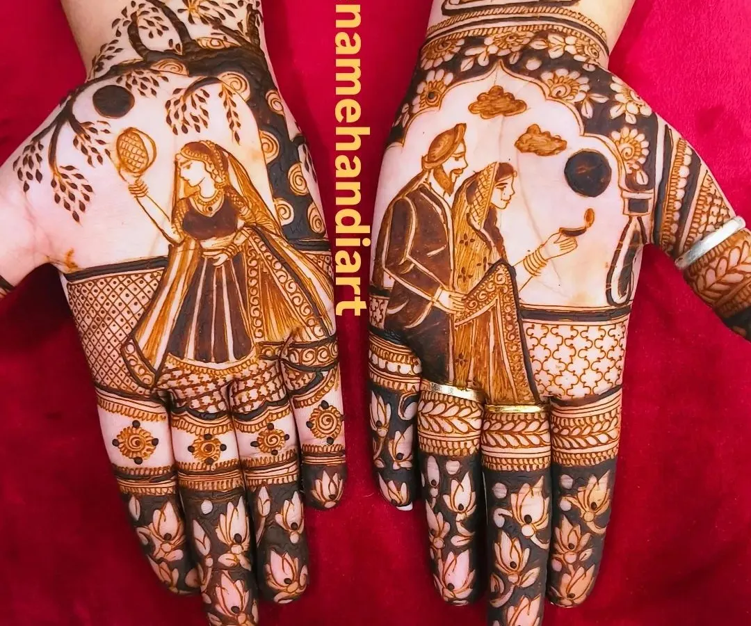 This is one of my favorite Karva Chauth mehandi designs. It shows the complete story: a wife looking at her husband through the chhalni, with the moon in the sky. These portrait designs are very special to me because they capture such a beautiful moment.