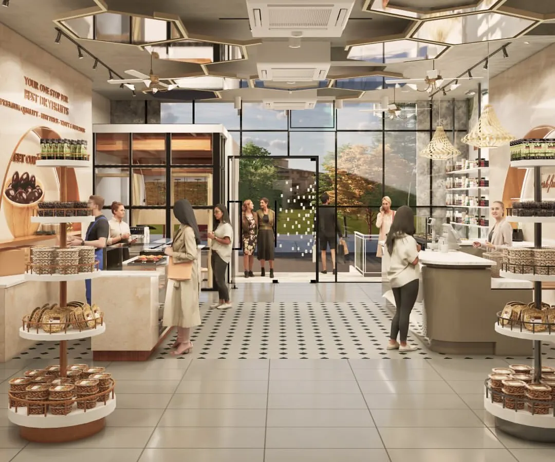 A glimpse into a bustling retail space we designed. The goal was to create an open, inviting atmosphere that encourages browsing. We used a combination of patterned floor tiles, warm ambient lighting, and unique hexagonal ceiling mirrors to make the store feel spacious and memorable for every visitor.