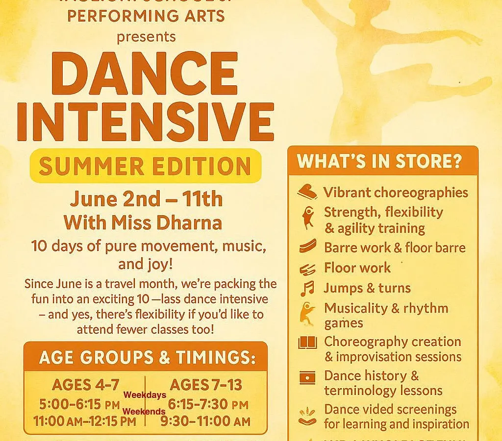 Here are all the details for our upcoming Summer Dance Intensive. This ten-day program is designed for ages 4 to 13 and covers Ballet, Jazz, and Contemporary dance. We focus on everything from barre work and floor routines to choreography and musicality games, ensuring a comprehensive and exciting experience.
