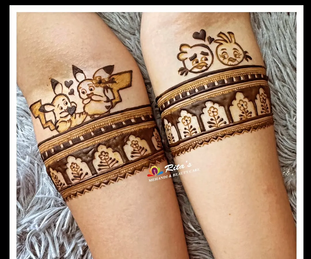 Your mehendi can be fun too! This bride wanted to include her favorite things, so I created custom Pikachu and Angry Birds armbands. If you have a quirky idea, whether it's a cartoon or your favorite food, I can weave it into your design.