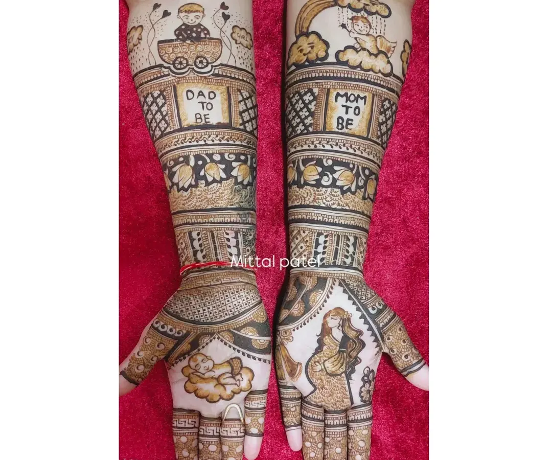 Celebrating the parents-to-be with this heartwarming baby shower design. Each hand tells a part of the story, with "Dad to be" and "Mom to be" inscriptions and adorable baby figures.