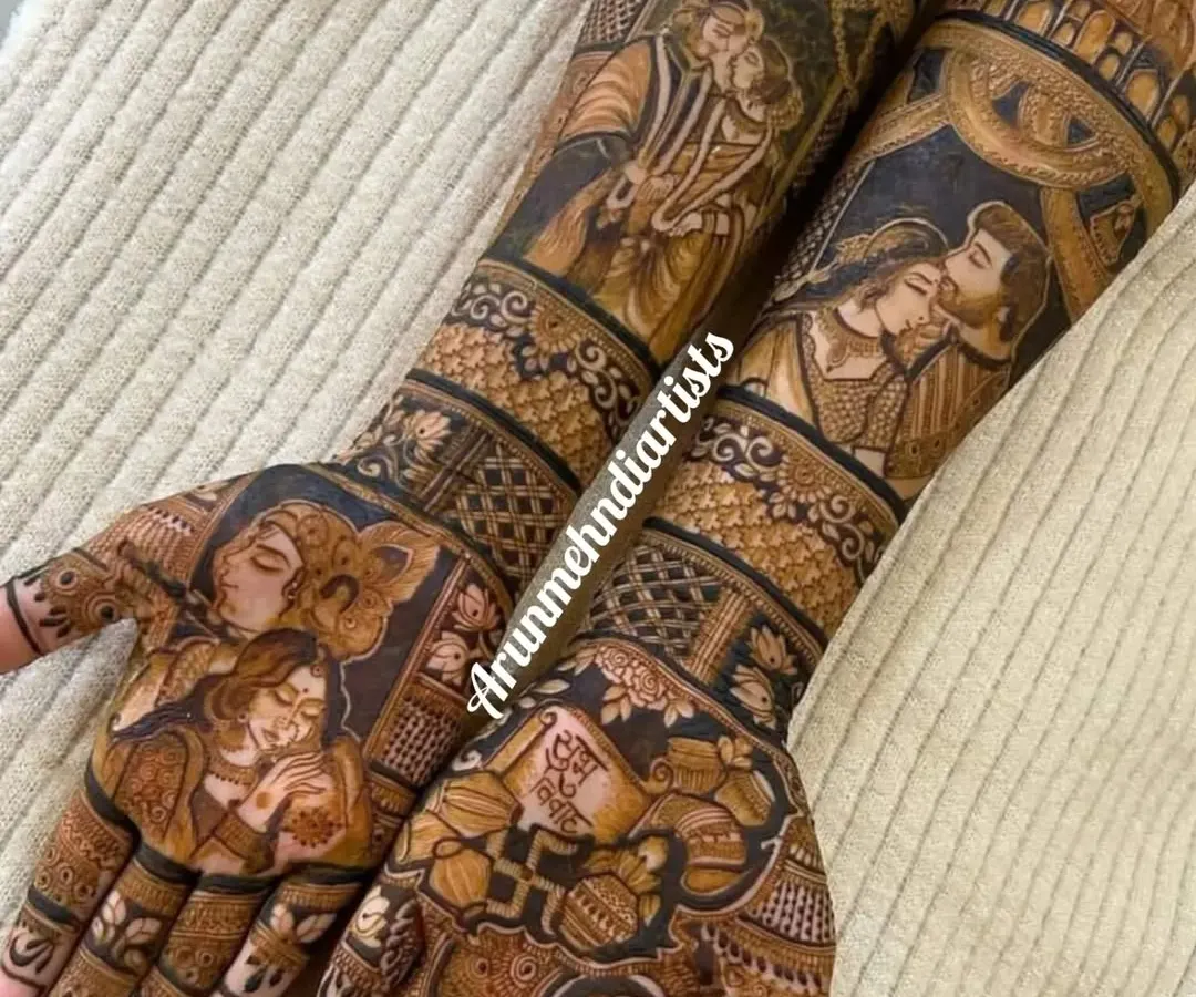 Your entire family's love story can be part of your bridal henna. This full coverage design features multiple couple and family portraits, capturing precious moments from the forearm down to the palm.