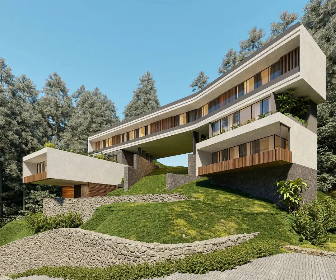 A design rendering for a holiday retreat in Solan, demonstrating our expertise in hillside architecture. The structure features a dramatic cantilevered bridge connecting two wings, designed to embrace the challenging topography and offer panoramic views of the surrounding forest.